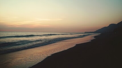 Gentle Waves Washing Ashore at Tranquil Beach as Sunset Approaches