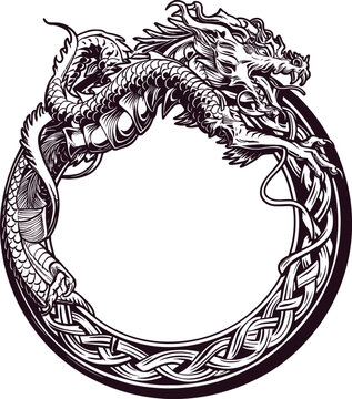 Ouroboros tattoo. Celtic dragon eating its own tail. Medieval uroborus symbol of eternity and infinity