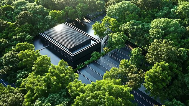 Aerial drone view of an advanced hyperscale data center, seamlessly blending into an eco-friendly environment.