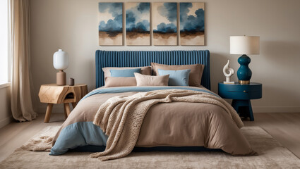 Serene bedroom sanctuary, showcasing a plush taupe duvet and teal-blue headboard, complemented by soft natural light and calming artwork.