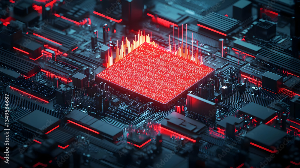 Poster abstract close up of illuminated red and blue circuit board showing digital technology concept