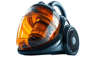 A Futuristic Canister Vacuum Cleaner With A Vibrant Amber Dustbin Showcasing Its Powerful Inner Workings, Offering A Sleek And Efficient Cleaning Solution Isolated on Transparent Background