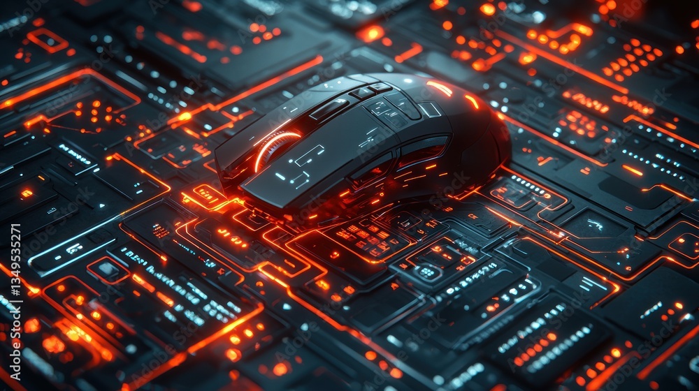 Poster futuristic gaming mouse resting on an advanced circuit board interface