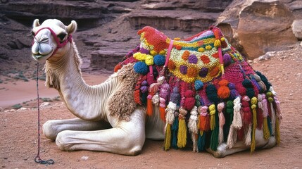 Camel with colorful saddle blanket
