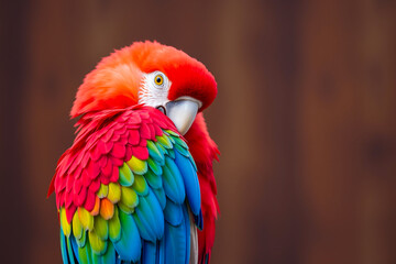 Obraz premium Brilliant Scarlet Macaw Displaying Its Vibrant Red, Blue, and Yellow Feathers in a Lush Tropical Setting, Showcasing the Beauty of Exotic Wildlife