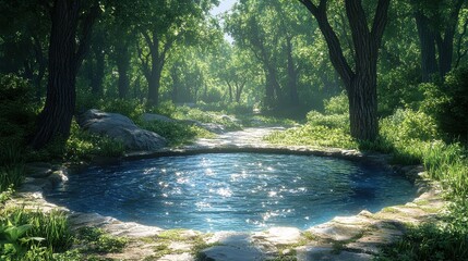 Obraz premium A tranquil, clear pool of water nestled in a lush, green forest setting