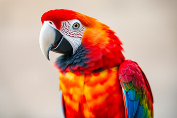 Obraz premium Brilliant Scarlet Macaw Displaying Its Vibrant Red, Blue, and Yellow Feathers in a Lush Tropical Setting, Showcasing the Beauty of Exotic Wildlife