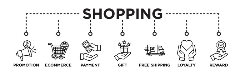 Shopping banner web icon vector illustration concept with icon of promotion, ecommerce, payment, gift, price, free shipping, loyalty, reward