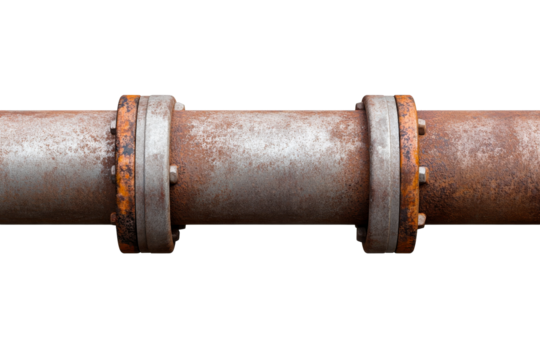 Rusty industrial pipe with flanges and bolts, weathered metal, cut out transparent