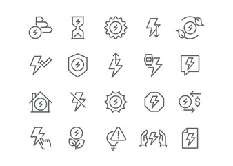 Energy in Lines Vector Set a set of line style vector icons reflecting the concept of energy, including lightning bolts, sockets, and light bulbs.