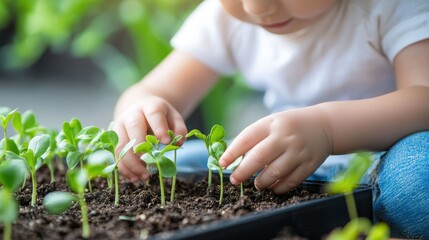 Childcare early education learning. A child nurturing young plants in a garden, showcasing growth and care.