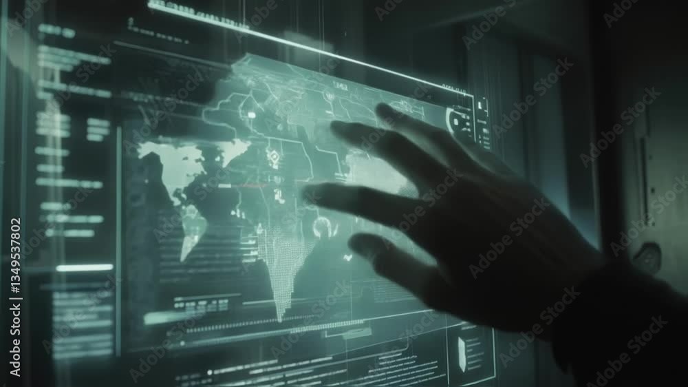 Poster businessman uses a futuristic interactive screen displaying a world map and various data points, sym