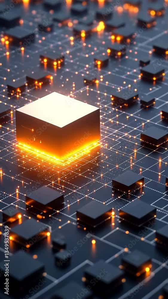 Poster illuminated microchip technology on a circuit board at dusk creating a futuristic digital landscape