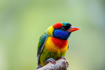 Obraz premium Vibrant Gouldian Finch Perched on a Tree Branch, Showcasing Its Brilliant Colors and Delicate Plumage in a Serene Natural Setting
