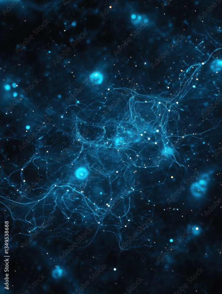 Poster abstract cosmic background with glowing blue particles and ethereal structures representing the vast