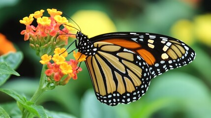 Fototapeta premium Monarch butterfly feeding on flower in garden setting