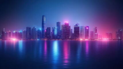 Fototapeta premium Illuminated futuristic cityscape reflecting in the calm water below at night