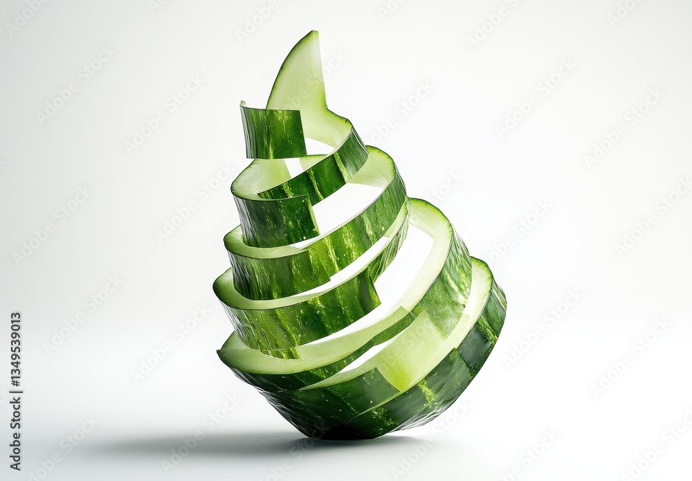 Poster Artistic Presentation of Green Cucumber Strips Twisting into Spirals on a Minimalistic Background