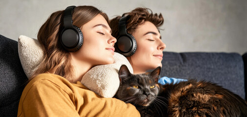 Young individuals enjoying music with noise canceling headphones, resting comfortably on couch with soft pillow, while cat relaxes beside them, creating cozy atmosphere