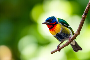 Obraz premium Vibrant Gouldian Finch Perched on a Tree Branch, Showcasing Its Brilliant Colors and Delicate Plumage in a Serene Natural Setting