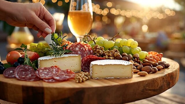 A hand arranging a gourmet cheese platter with fruits and meats at sunset