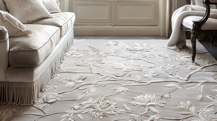 A glamorous rug with delicate, hand-embroidered floral designs in silver thread against a plush ivory background