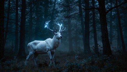 A ghostly white stag with glowing blue antlers, emerging from a foggy enchanted forest under the full moon.