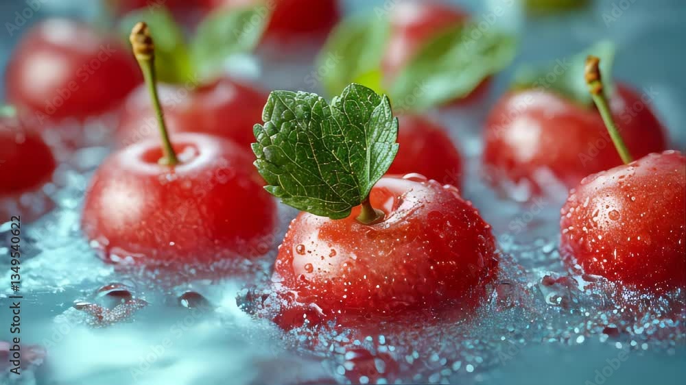 Poster a fresh red cherry splashing into water, surrounded by droplets, creating a dynamic and refreshing c