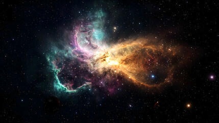 Fototapeta premium Colorful Nebula Glowing With Swirling Dust And Brilliant Stars Against Dark Space Background