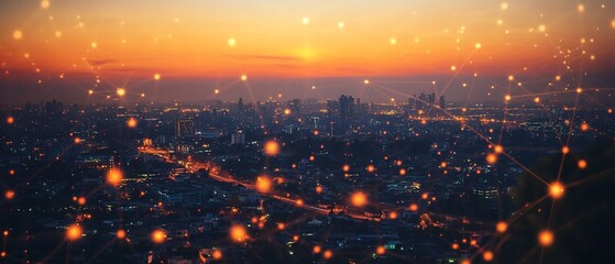 Fototapeta premium Sunset cityscape with glowing network connections
