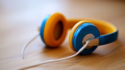 Naklejka premium Colorful headphones on wood table