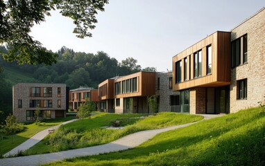 Modern eco-friendly housing complex nestled in a green hillside.