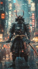 Fototapeta premium Robot Samurai in a High-Tech City A fusion of traditional samurai armor with futuristic robotic elements, standing in a cyber city.