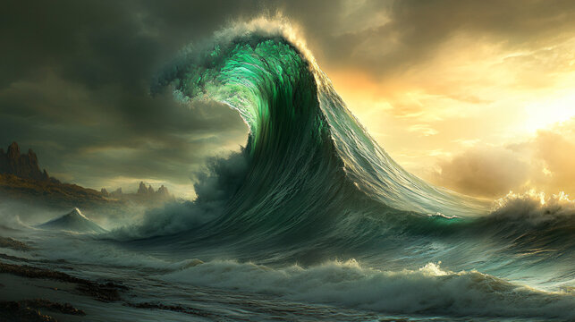 Large ocean wave captured in motion reflecting the phenomenon of wavefunction collapse in a stunning display of natural energy and fluidity.
