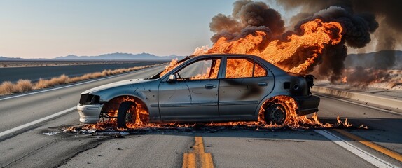 Obraz premium A car burns furiously on an empty highway surrounded by desert landscape as dark smoke billows into the sky, creating a dramatic contrast with the sunset hues