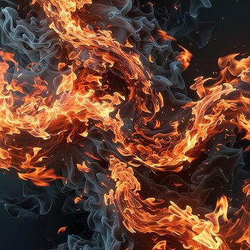 Ribbons of vibrant flames intertwine with swirling smoke, illuminating the dark background. This captivating spectacle showcases the dynamic nature of fire, evoking a sense of warmth and energy