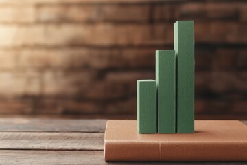 A minimalistic display of green blocks representing growth on a brown book, set against a blurred wooden background.