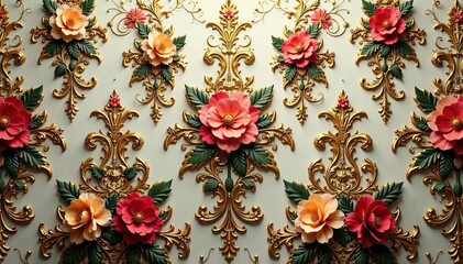 Fototapeta premium Intricate floral damask wallpaper, rich gold accents, retro, classic, graphic