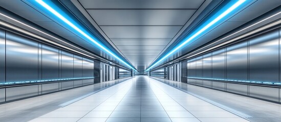 Obraz premium Modern futuristic hallway with glowing blue lights and clean surfaces