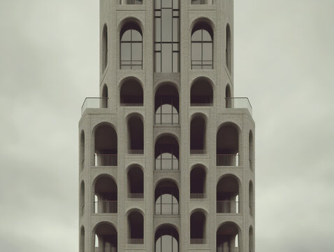Arched high-rise building with rhythmic window patterns, blending contemporary architecture with historical design influences.