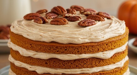 Delicious Layer Cake with Creamy Frosting and Pecans for Dessert