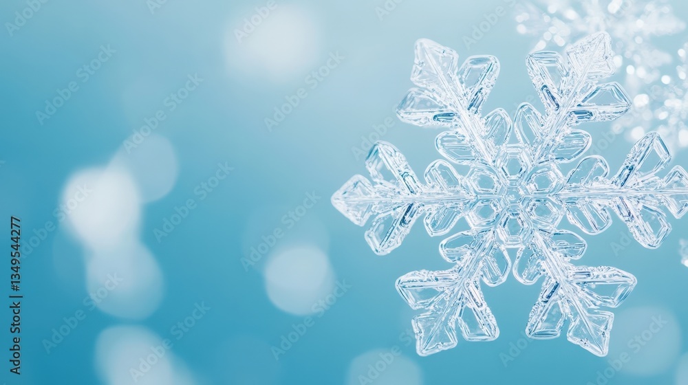 Poster a close-up of a delicate snowflake against a soft blue background, creating a serene and wintery atm
