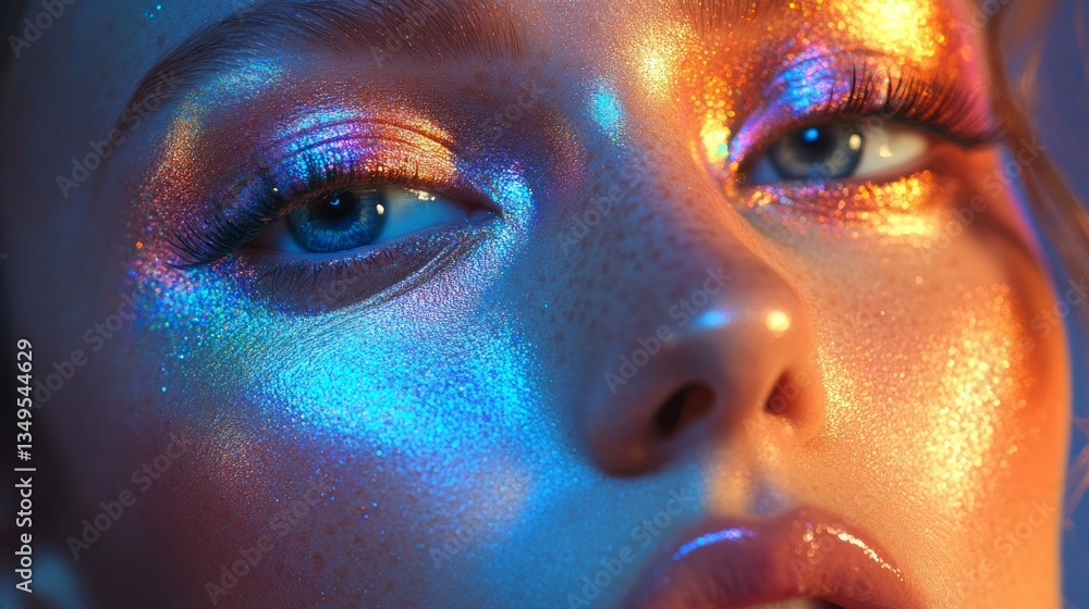 Poster an enchanting display of artistic makeup highlights a model's features, with vivid hues and shimmeri