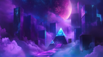 Surreal Futuristic Cityscape with Colorful Pyramids and Moonlight
