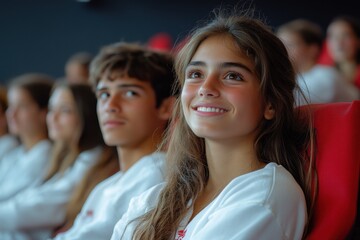 Obraz premium Audience watches, seated in red chairs, attentive, and smiling in white shirts