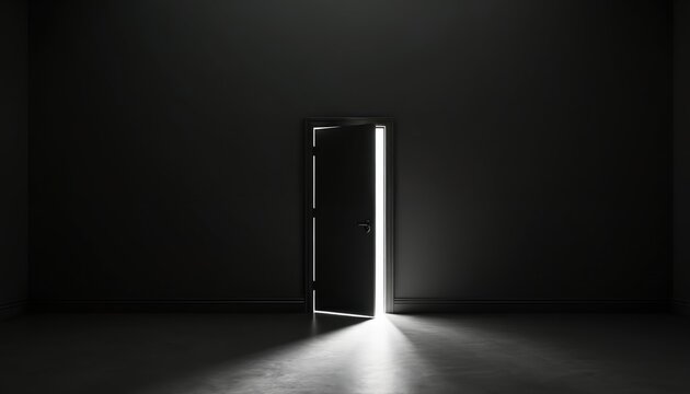 Dark room with ajar door. Light shines through the open door. Minimalist image creates sense of mystery and fear. Conceptual image, perfect for illustrating suspense. The light casts shadow.