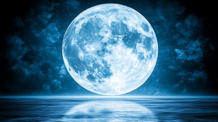 A large blue full moon above a reflecting water surface