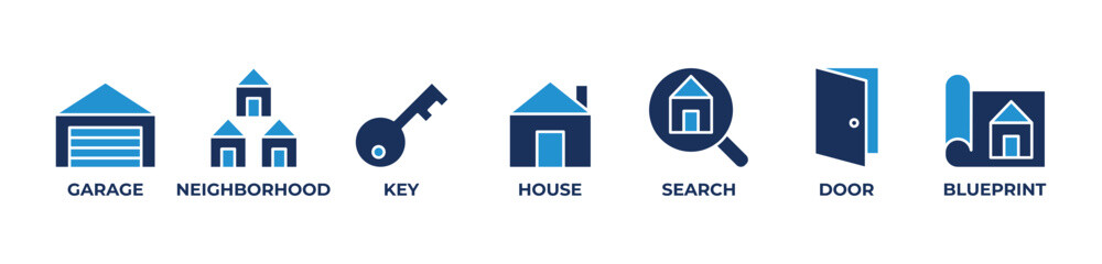 Finding Your Perfect Home Icons set vector illustration with GARAGE, NEIGHBORHOOD, KEY, HOUSE, SEARCH,DOOR, BLUEPRINT