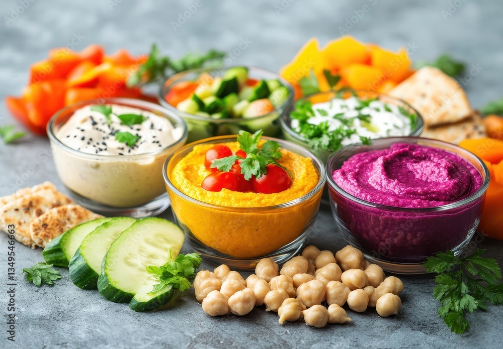 Poster Colorful Display of Various Dips and Fresh Vegetables on Rustic Table with Crackers and Herbs for Healthy Snacking