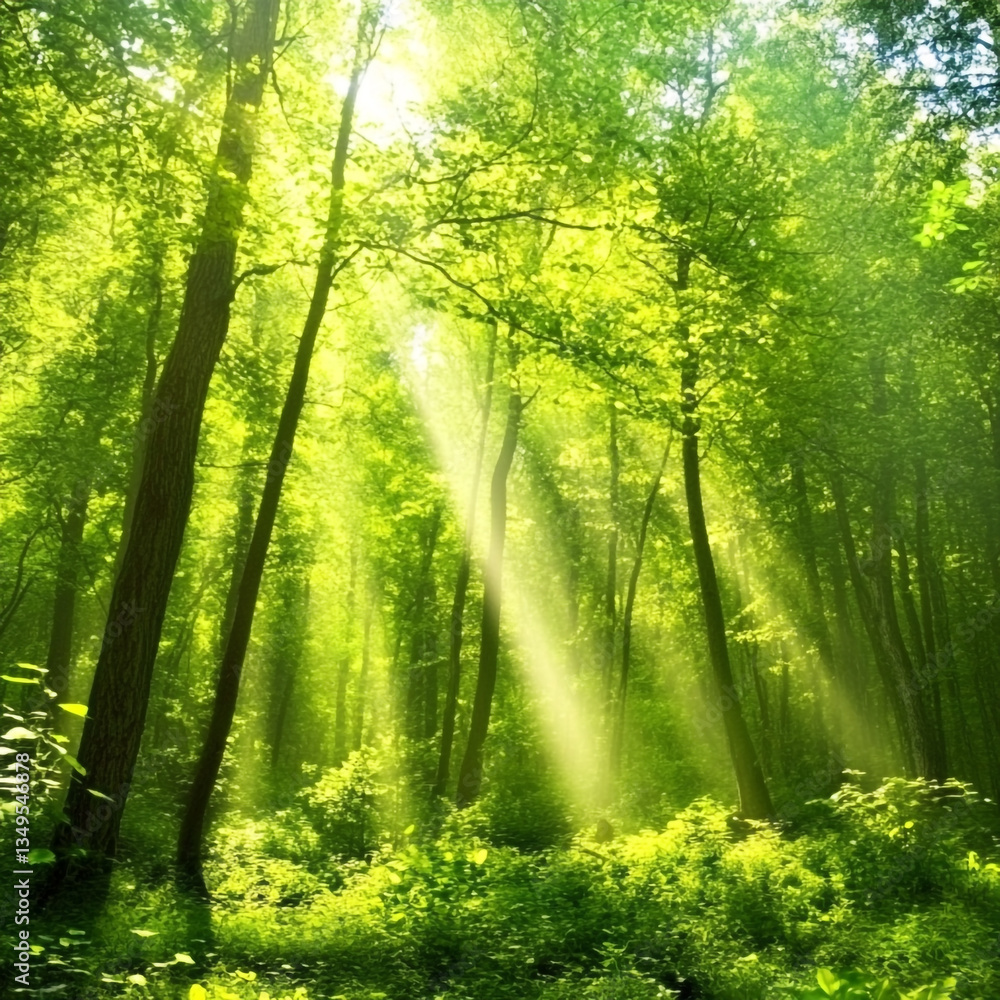 Poster sunlight streaming through lush green trees in a dense forest creating a serene and vibrant atmosphe